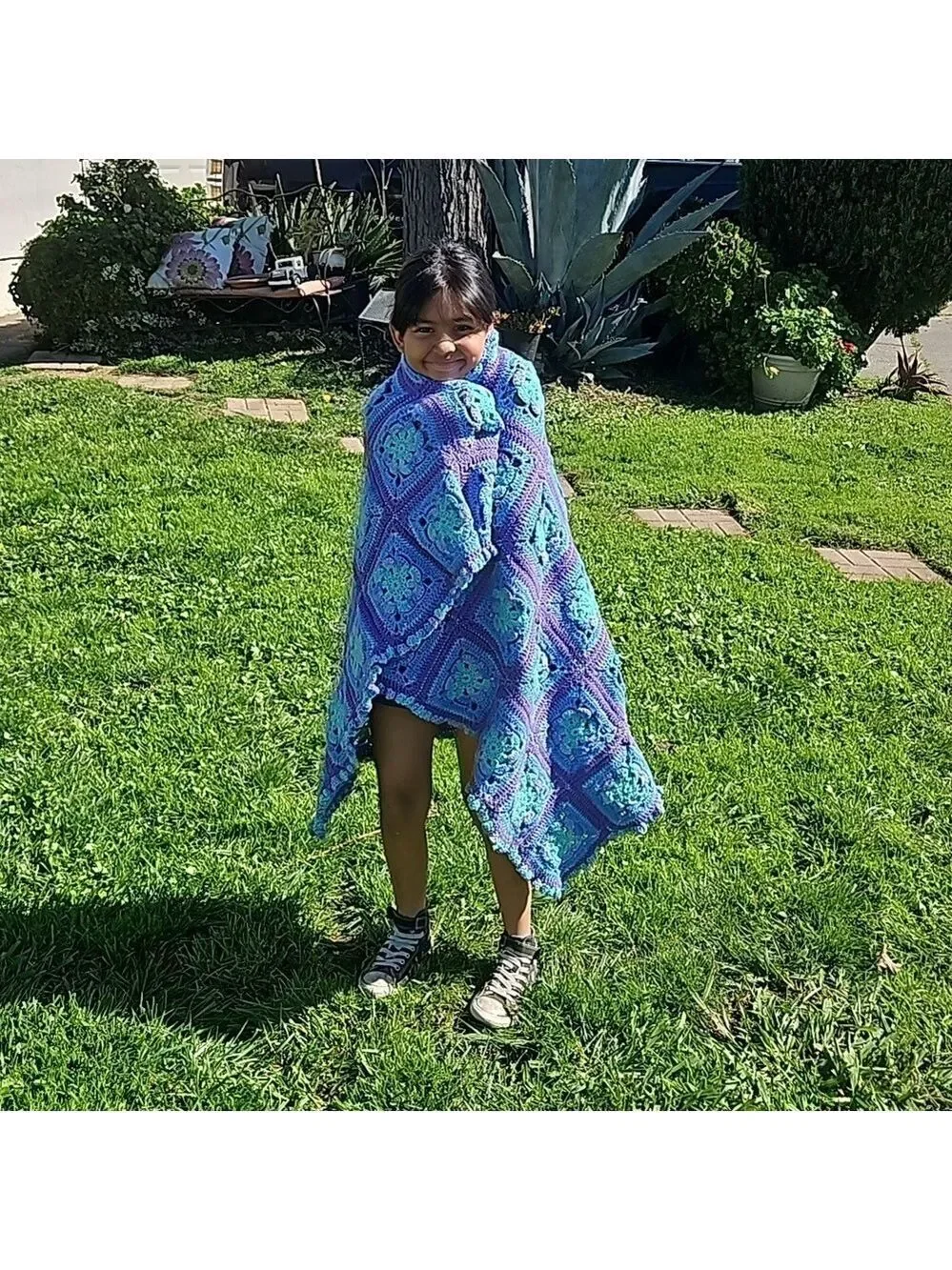 Hand Crafted Purple Blue Aqua Crochet Blanket Granny Square Throw